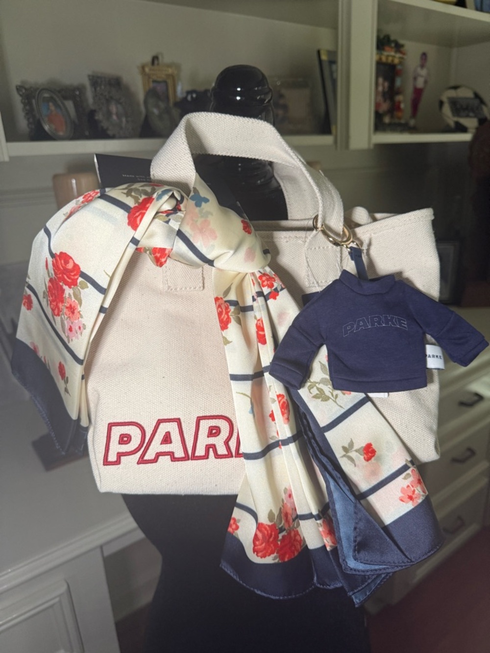 New Parke x Target Bundle Mini Tote with Floral Scarf & Navy Mockneck Keychain